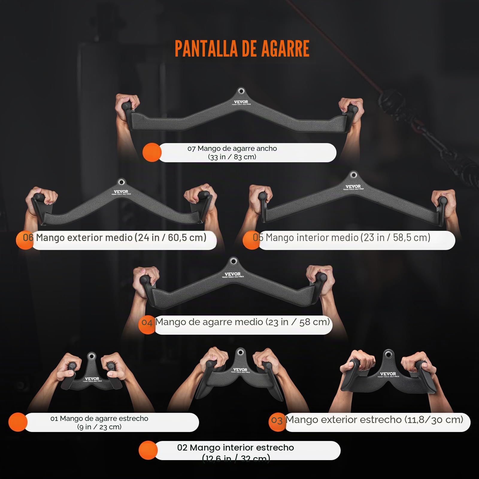 VEVOR Barras Extraíbles para Máquina de Cable 7 Piezas Barra de Tracción para Tríceps Mango Recubierto de Goma para Entrenamiento de Fuerza de Espalda Barra en V Barra en T para Dominadas de Tríceps