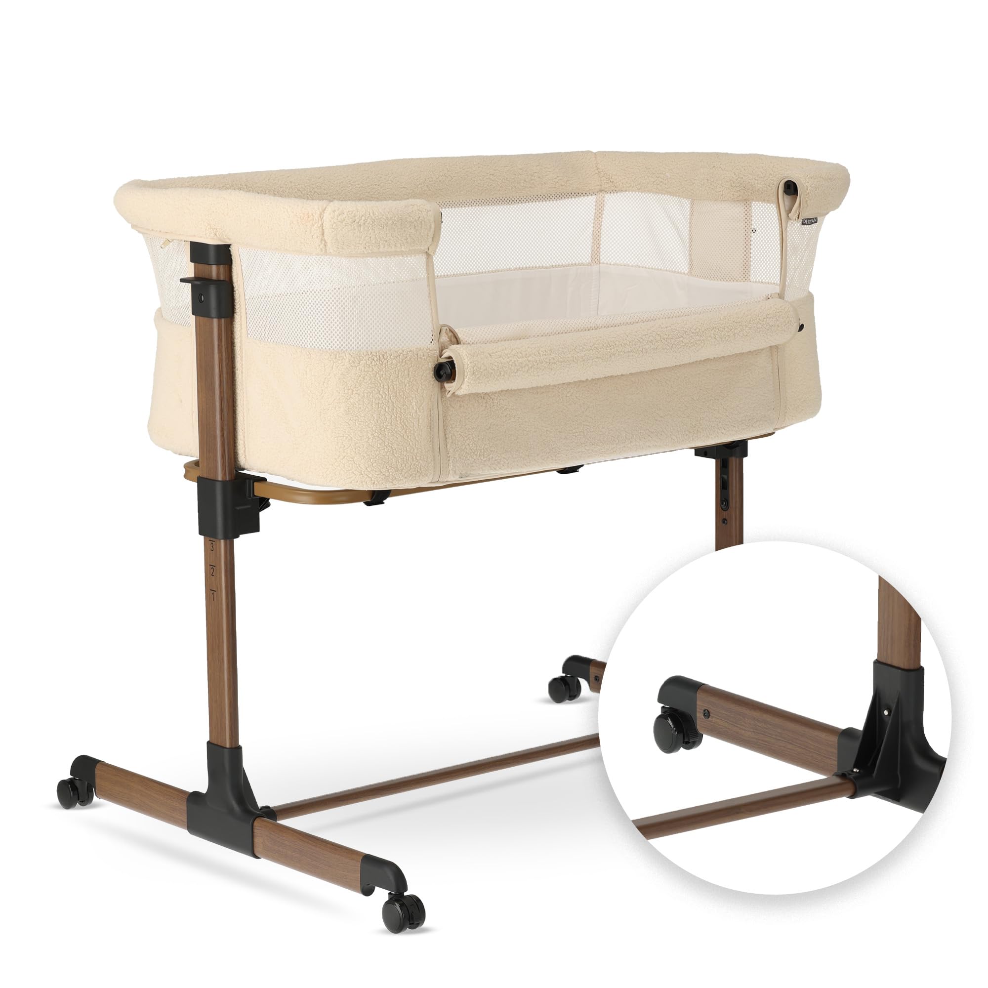 Deryan Snoozy Teddy Co-Sleeper łóżeczko dziecięce 3 w 1, do 9 kg, łóżeczko pomocnicze, kołyska, regulacja wysokości i nachylenie materaca, 4 kółka z hamulcem, ergonomiczna torba na materac, nugat