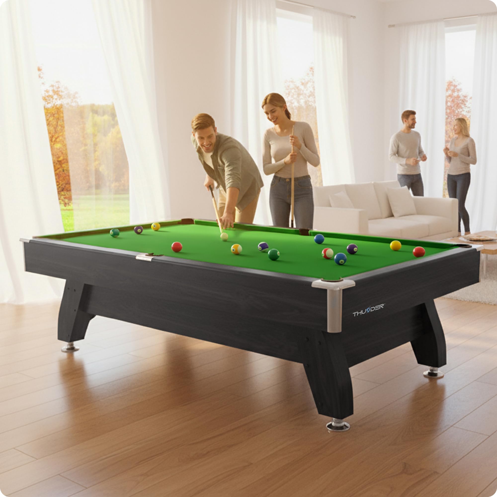 Billardtisch 7ft/8ft/9ft Schwarz oder Braun, MDF Poolbillardtisch mit Kugelrücklauf und Zubehör, optional mit Tischtennis- und Airhockey-Auflage