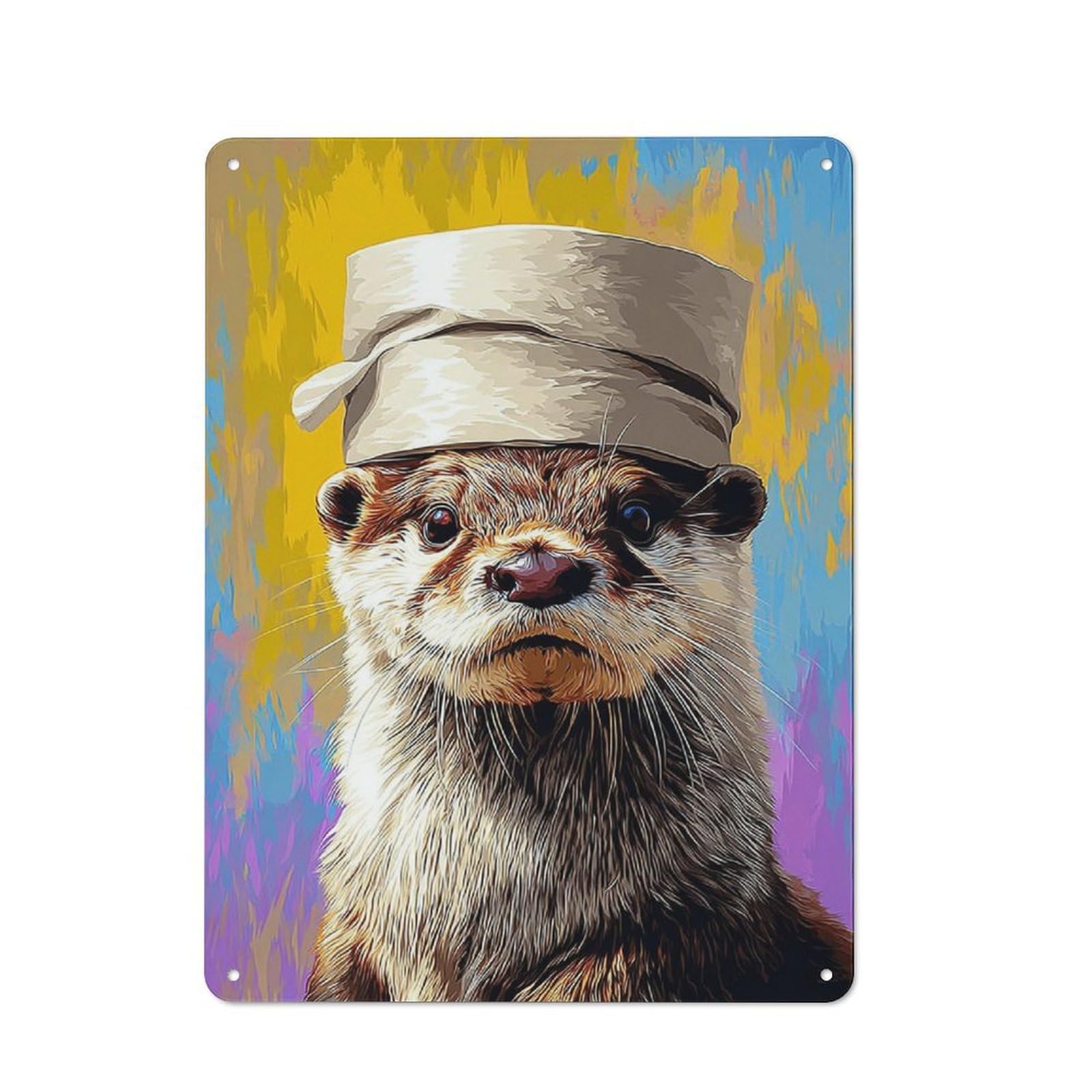 Junmoney Otter In A Hat Colorful Portrait Rustic Metal Wall Sign 40X30cm For Kitchen Or Home Bar, For Garage, Workshop And Man Cave Decoration