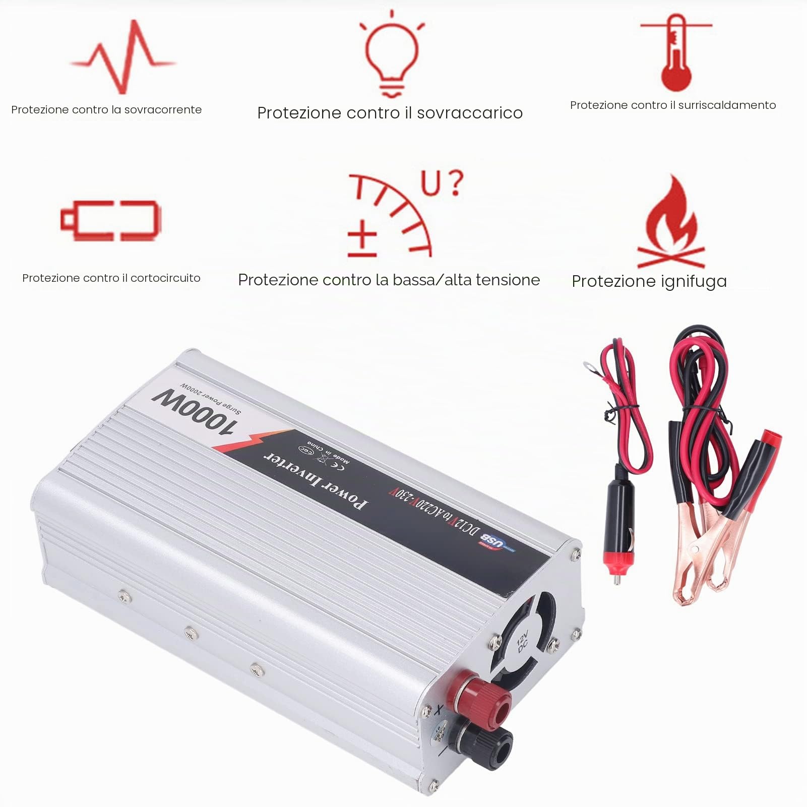 convertitore Da 1000 W A Onda Sinusoidale Pura Da Cc 12 V A CA con Uscita Usb E Presa Universale per Auto, Viaggi, In Lega Di Alluminio