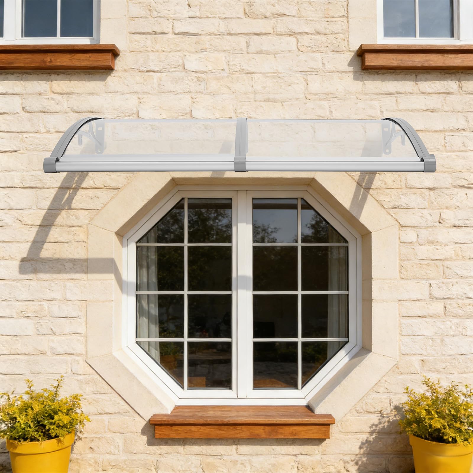Auvent pour porte d'entrée, 120 x 60 cm, capacité de charge 200 kg, auvent de porte pour extérieur, pour balcons, toits, cours, etc., transparent, argenté