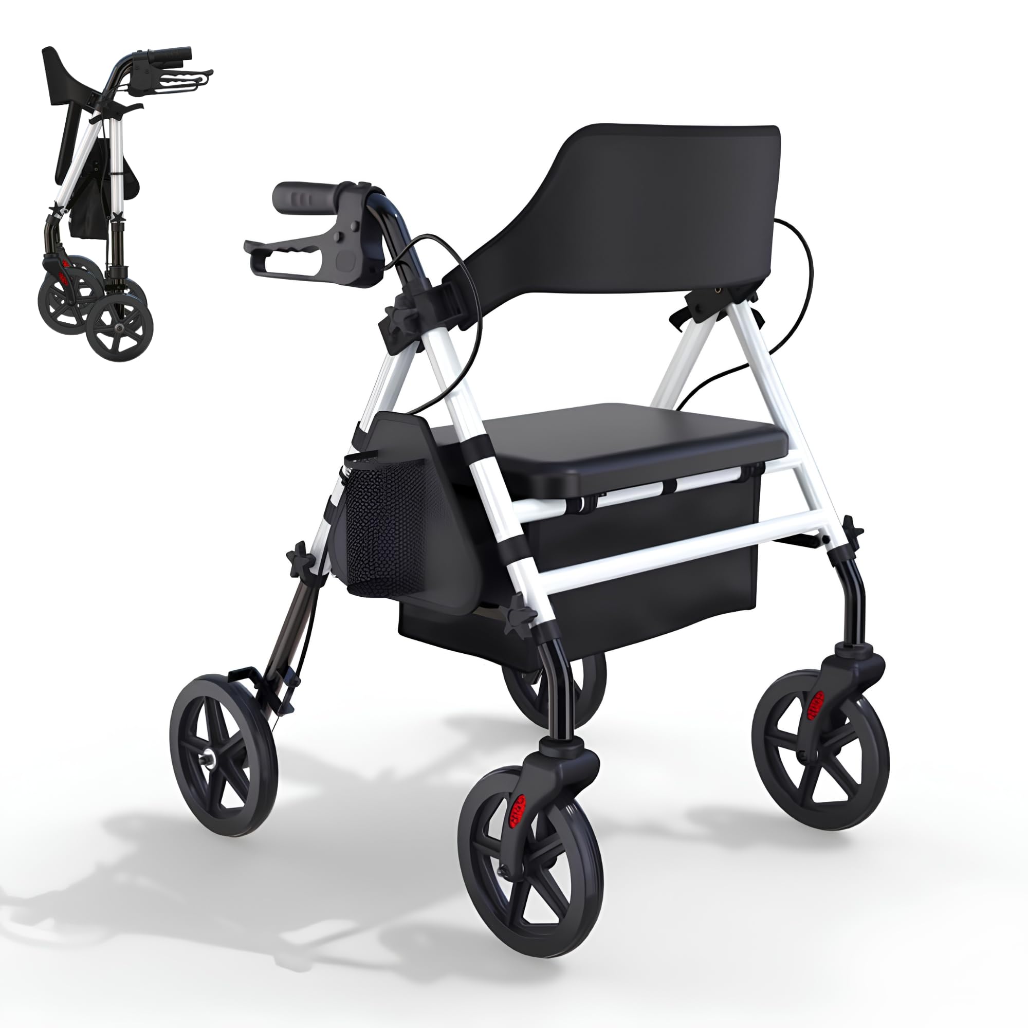 Andador para Ancianos Plegable con Asiento Acolchado, Frenos de Maneta y Cesta – Ligero, Resistente y Seguro con 4 Ruedas Giratorias – Ideal para Personas Mayores, Interior o Exterior