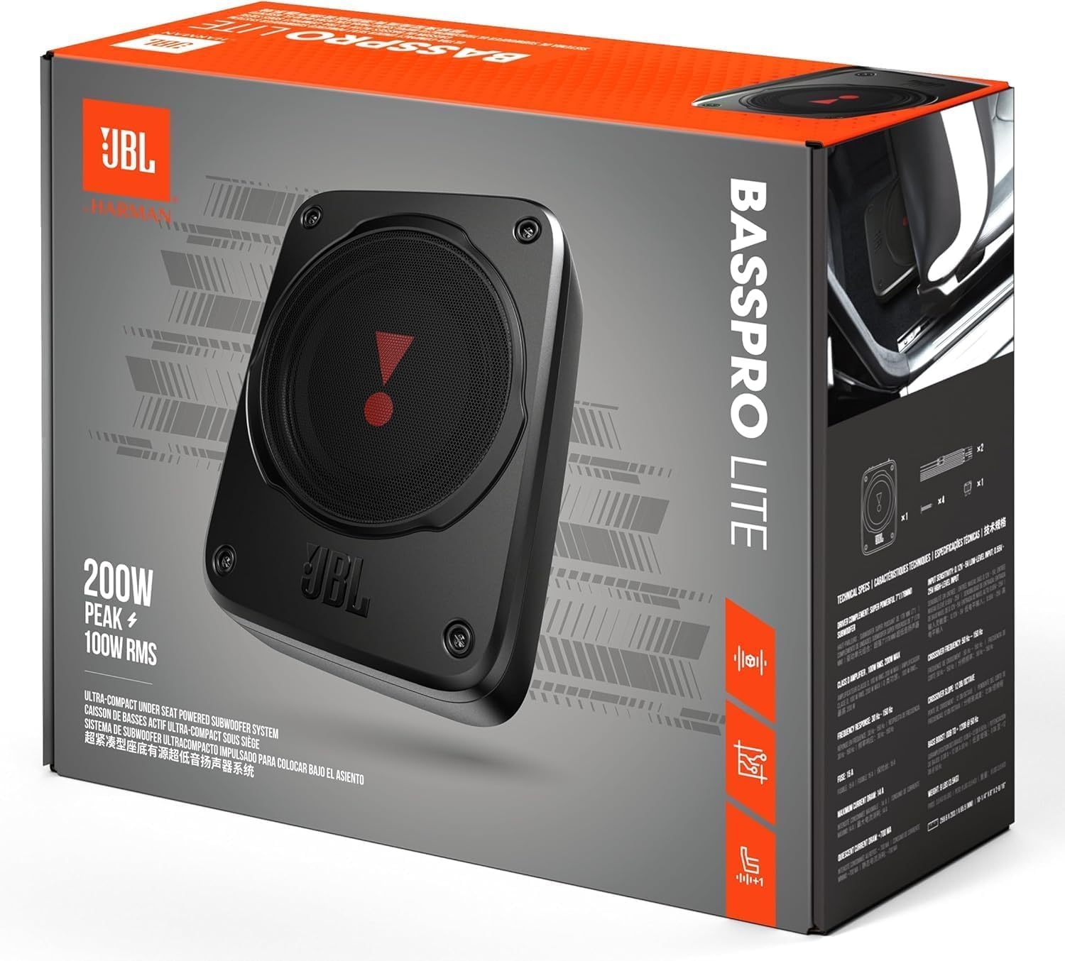 JBL BassPro Lite: Subwoofer Attivo Auto Ultra-Compatto con Amplificatore Integrato da 100 watt, Subwoofer Auto Amplificato sottosedile, Cabinet in Alluminio, Facile installazione e compatibilità