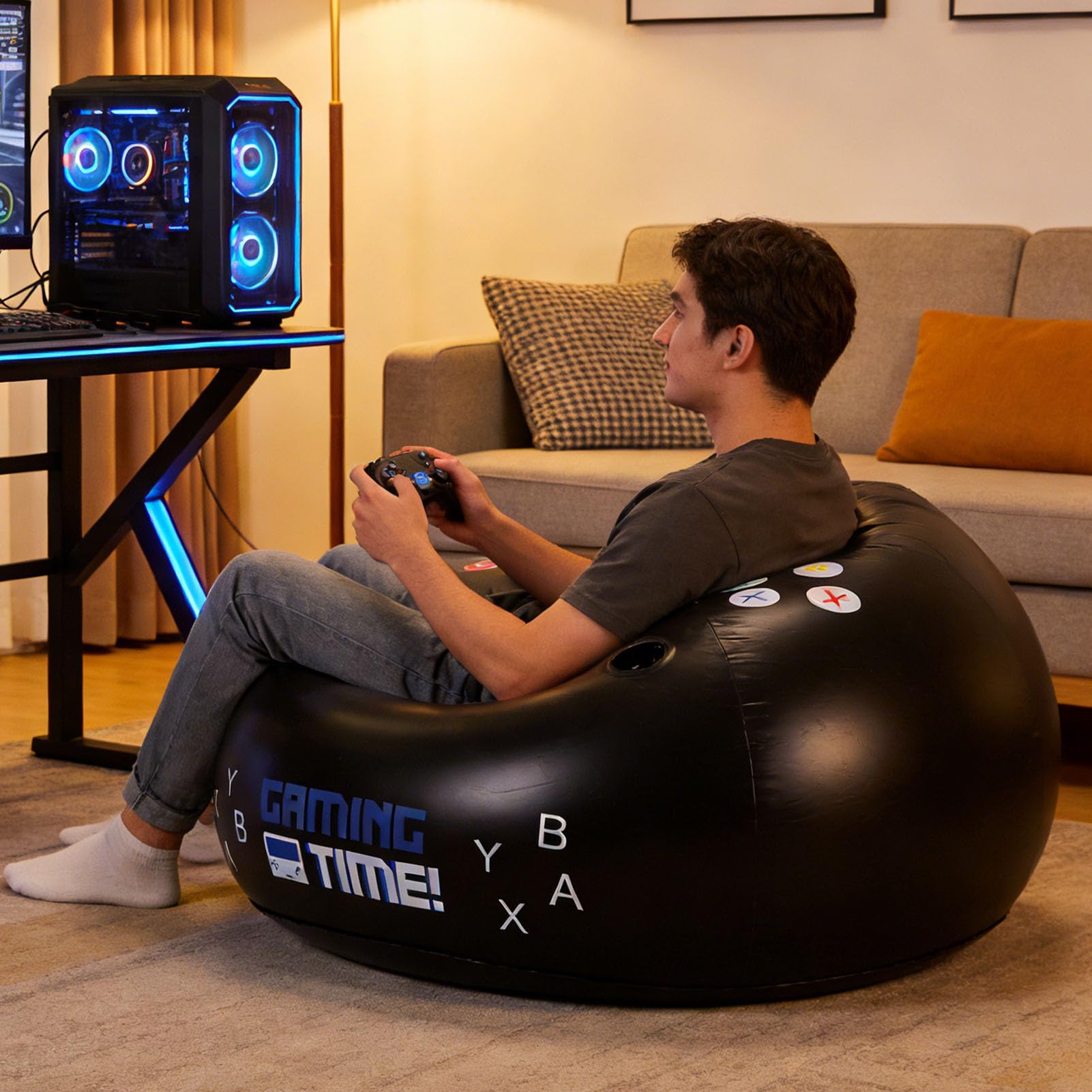 Poltrona da Gaming Gonfiabile, a Sacco, con Portabicchieri e Tasche Laterali, Supporta Fino a 100 Kg, Ideale per la Sala Giochi dei ragazzi.