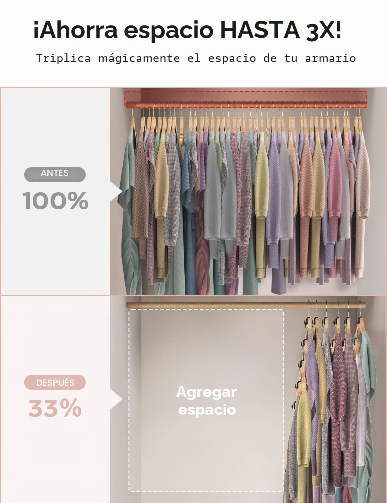 Ganchos de extensión flocados antideslizantes para perchas de terciopelo - Ahorran espacio