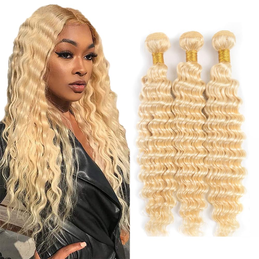 Jucames Deep Wave #613 Blonde Human Hair Bundles Double Weft Virgin Unprocessed Human Hair Extensions Weave 3 Bundles Total 150g For Women 14 16 18 Inch