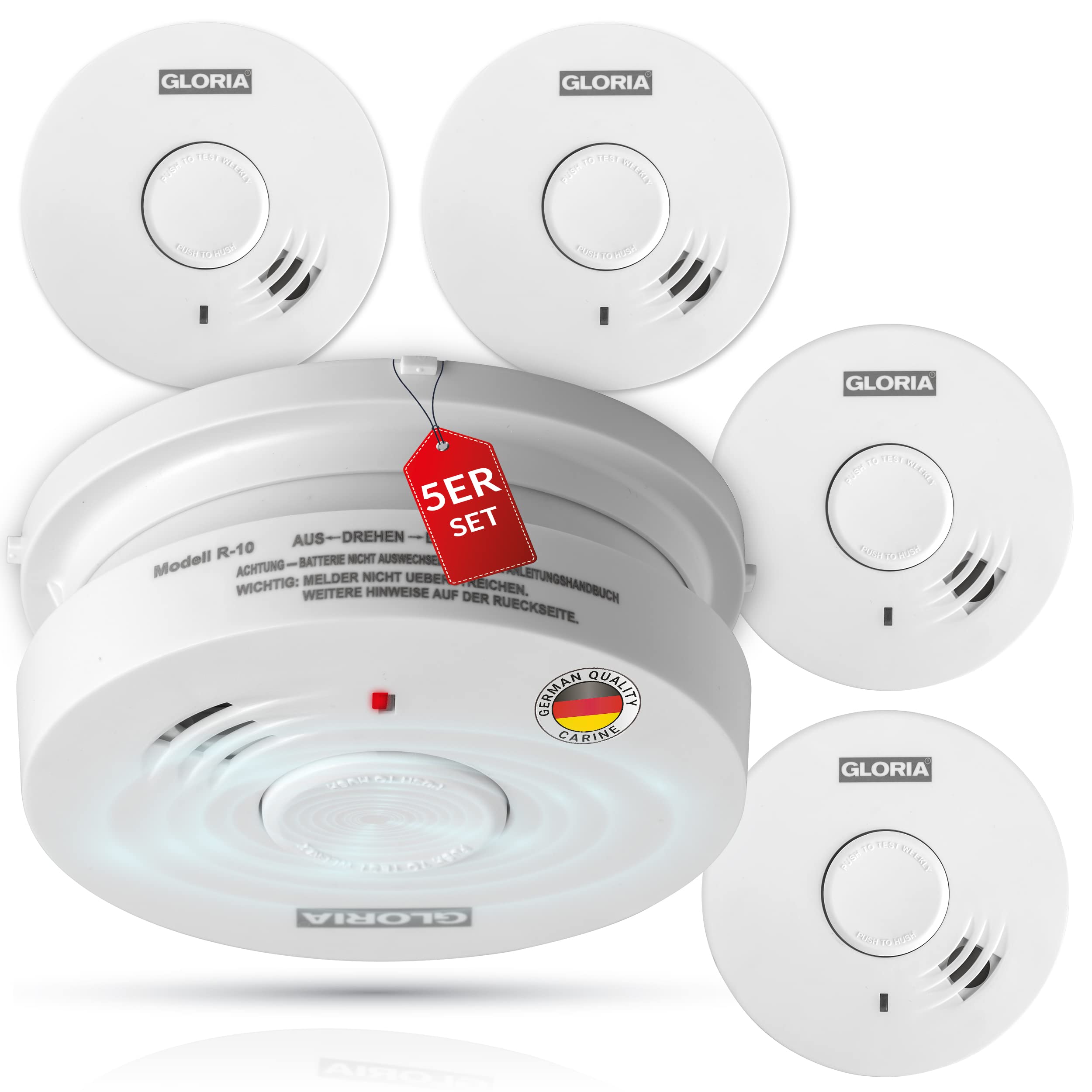 Gloria Rauchwarnmelder 5X R-10 mit 10 Jahren Garantie und fest eingebauter Lithium Batterie