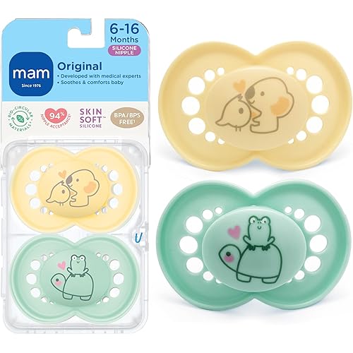 MAM Original Matte Baby Pacifiers 6-16 Months, Binky for Newborn Babies, BPA-Free Skin Soft Silicone Nipple, Easy to Clean, Developed with Medical Experts, 2 Count, with Sterilizer Cas Made in Europe