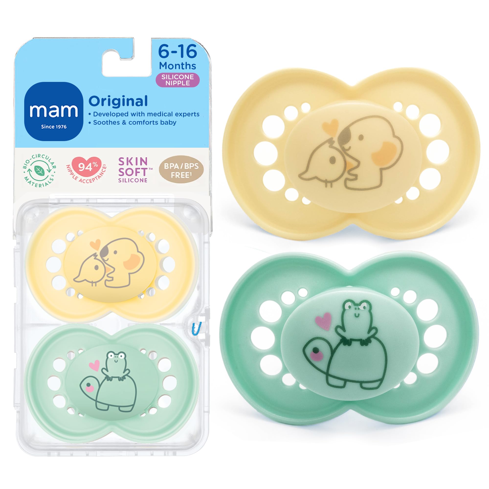 MAM Original Matte Baby Pacifier, Nipple Shape Helps Promote Healthy Oral Development, Sterilizer Case, 2 Pack, 6-16 Months, Unisex