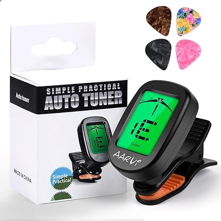 AARVI Clip On Guitar Tuner for All Instruments, Acoustic/Electric Guitar, Ukulele, Bass, Violin, Banjo, Large Clear LCD Display for Guitar Tuning, Chromatic Tuner, 4 Pack Guitar Picks Included