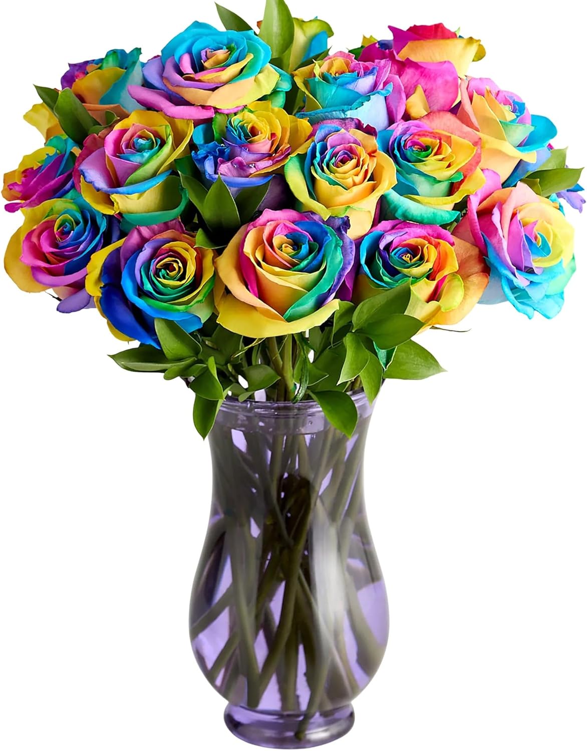 1800 Flowers – 24 Stem Kaleidoscope Roses (Clear Purple Glass Vase) | Fresh Cut Spring Flowers for Delivery | Gift for Mother's Day, Anniversary, Sympathy, and Special Occasions