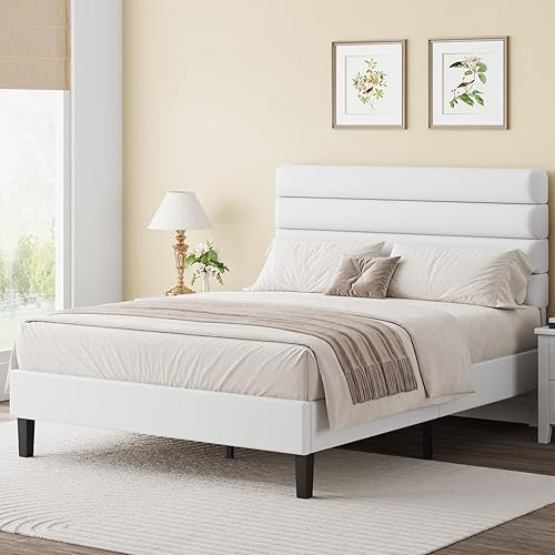 Base de cama tamaño Queen con cabecero tapizado en terciopelo, base de cama plataforma tamaño Queen con soporte de listones de madera, no requiere