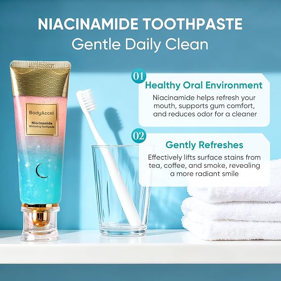 BodyAccel Niacinamide Whitening Toothpaste, Intensive Radiant Toothpaste with Fluoride-Free Formula, Stain-Removing Daily Cleaning, Enamel Care & Fresh Breath, 1 Pack