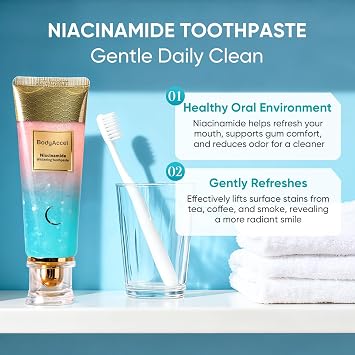 BodyAccel Niacinamide Whitening Toothpaste, Intensive Radiant Toothpaste with Fluoride-Free Formula, Stain-Removing Daily Cleaning, Enamel Care & Fresh Breath, 1 Pack