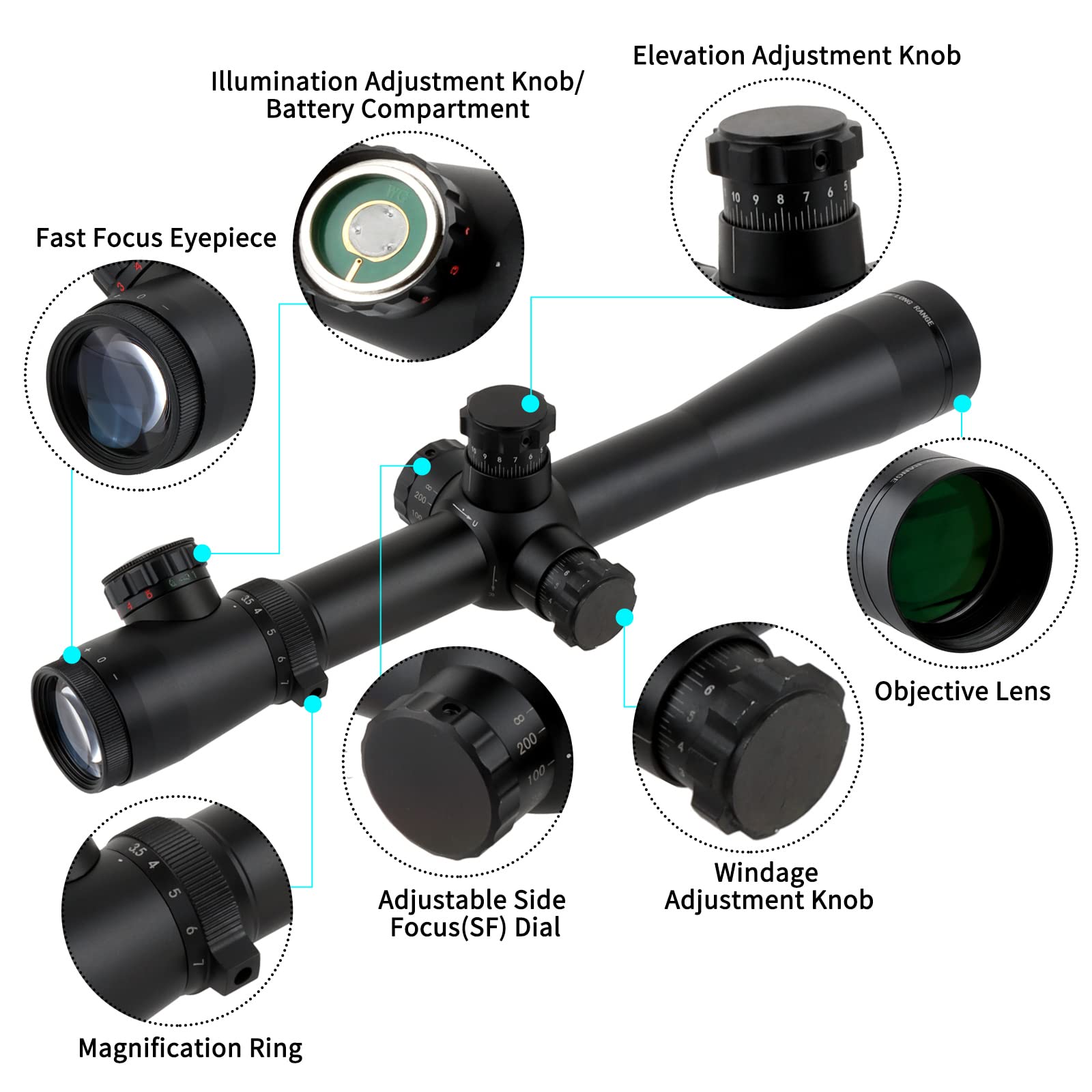 Cannocchiale Carabina 3.5-10X40mm Tattico Airsoft Mirino Telemetro Rapido Rossa Illuminato Reticolo Ottica Caccia con 20mm/11mm Mount Rings