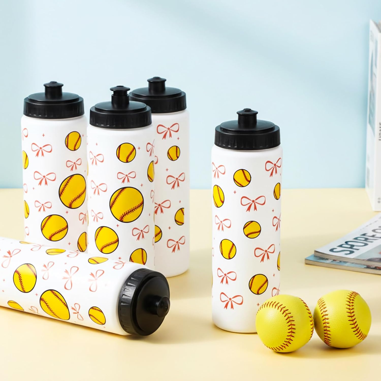 CHENGU 12 Pcs Water Bottle Bulk 20 oz Pink Bow Sports Ball Bottle Reusable Squeeze Plastic Easy Carry Leak Proof Cup Accessories for Team Sports Players Lovers Gym Party Favors Gifts(Softball) - Image 5