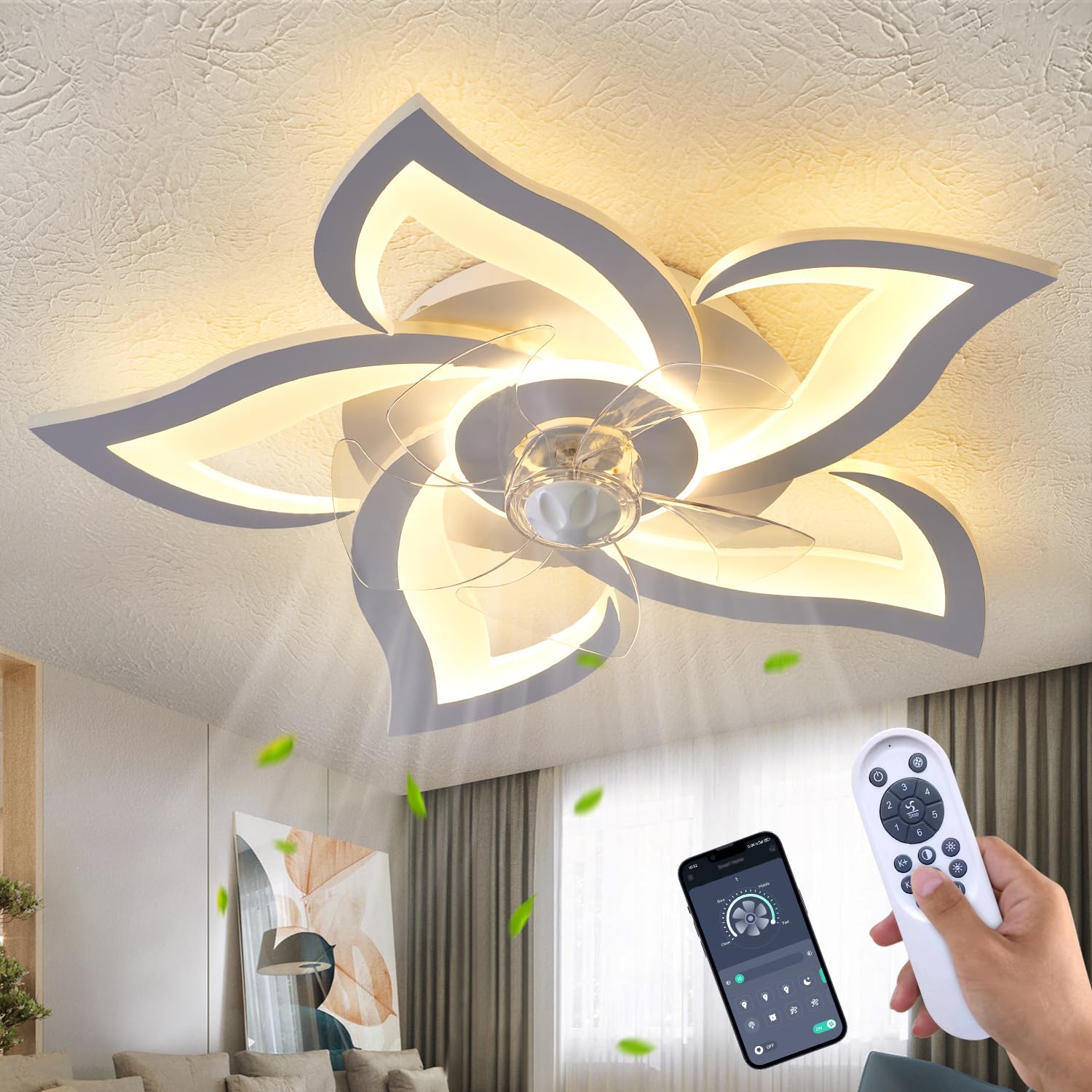 HuixuTe Ceiling Fan with Lights Remote Control, 3 Colors, 6 Speeds, 24" Geometric Bladeless Ceiling Fan, White Low Profile Ceiling Fan with Light for Kitchen Bedroom