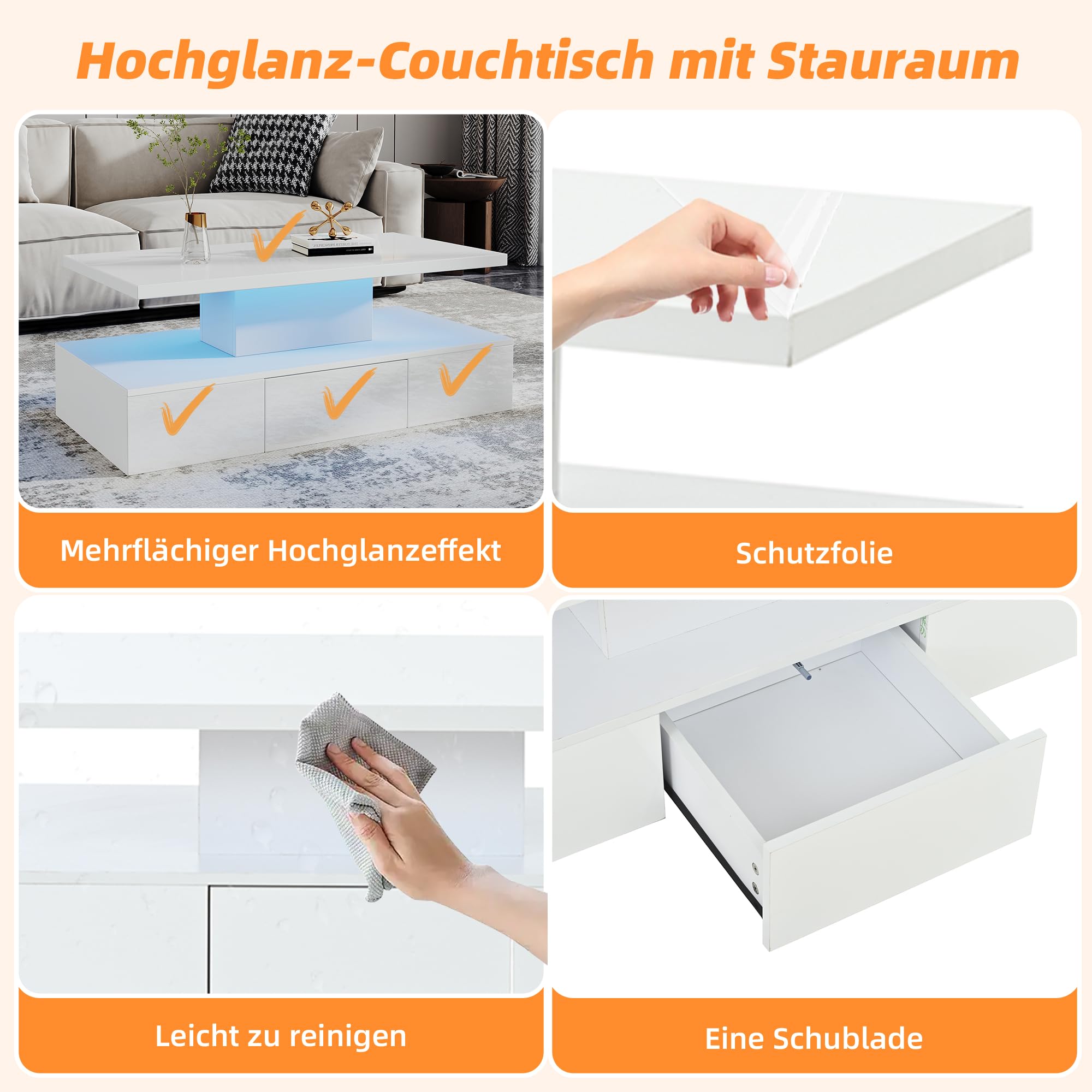 Merax Couchtisch mit LED 100x50 cm, Hochglanz Sofatisch mit Schublade, Weiß Offenes Ablagefach und geräumige Schublade für eine übersichtliche Aufbewahrung.