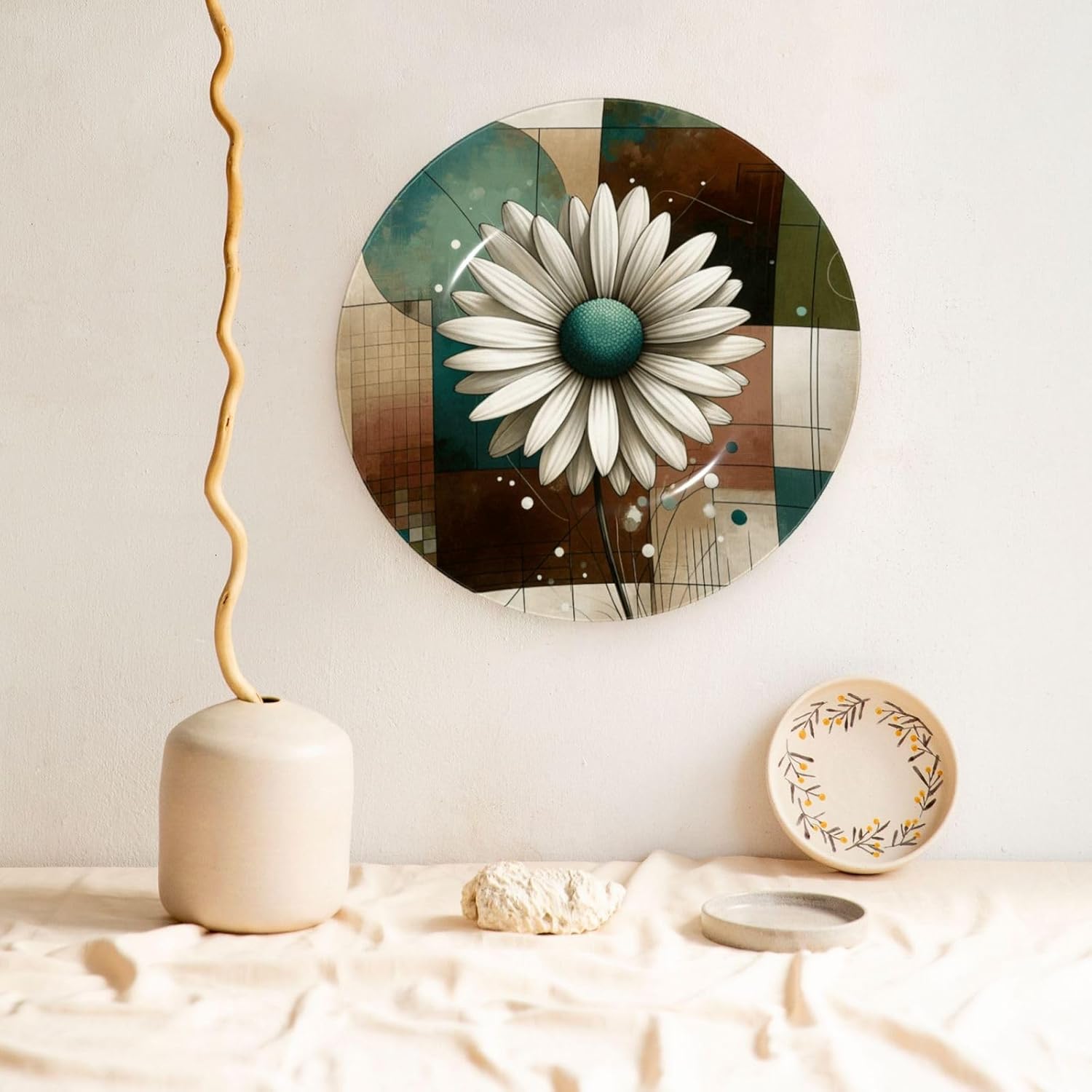 Abstract-Geometric-Daisy 10 Inch Decorative Plate With Stand, Elegant Display Wall Plate For Home Decor