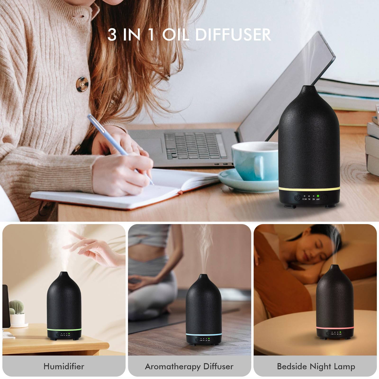 Diffusore di oli essenziali in ceramica, diffusore per aromaterapia da 150 ml, per oli essenziali, con timer e luce LED a 7 colori, diffusore di aromi ad ultrasuoni, con spegnimento automatico