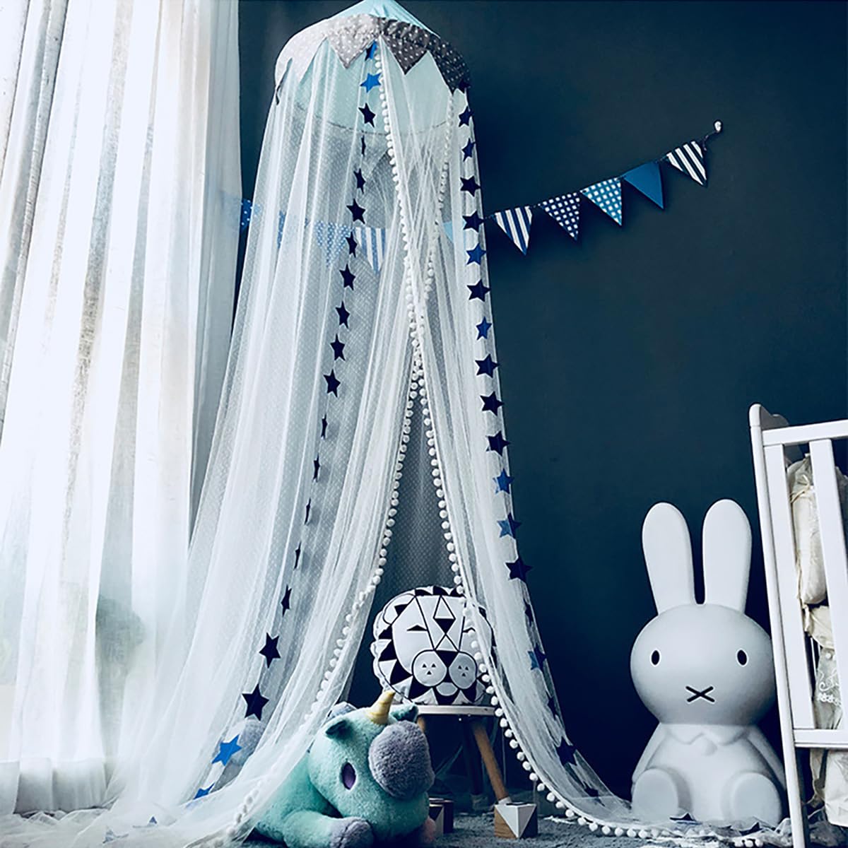 Pabellón de la cama de mosquitero para bebé con estrellas Banderines Carpas colgantes lindas Malla de cortinas Decoración para niños Habitación para niños Princesa Bebé cuna, Azul