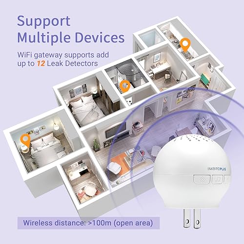 Miniatura 3 de Inkbirdplus Alarma de agua WiFi, paquete de 3, detector inteligente de fugas de agua para el hogar con sensores de fugas y goteo, alarma ajustable