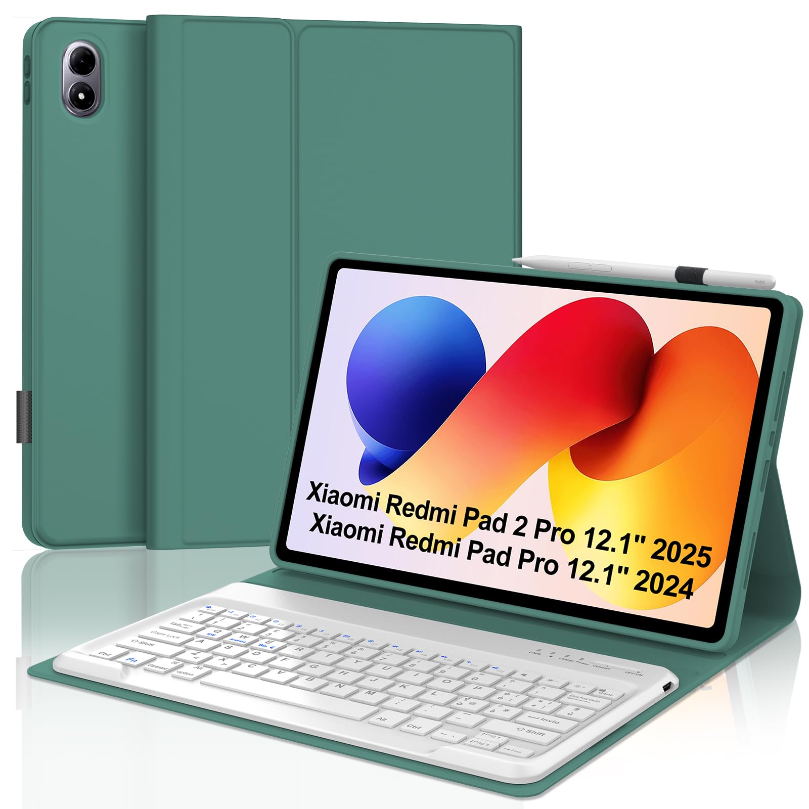 Per Xiaomi Redmi Pad 2 Pro 2025/Poco Pad M1 12.1 Pollici Cover Tastiera | Tastiera Bluetooth Rimovibile e Custodia Morbida TPU per Ufficio/Studio/Scrittura, Keyboard Wireless Portatile, Verde scuro