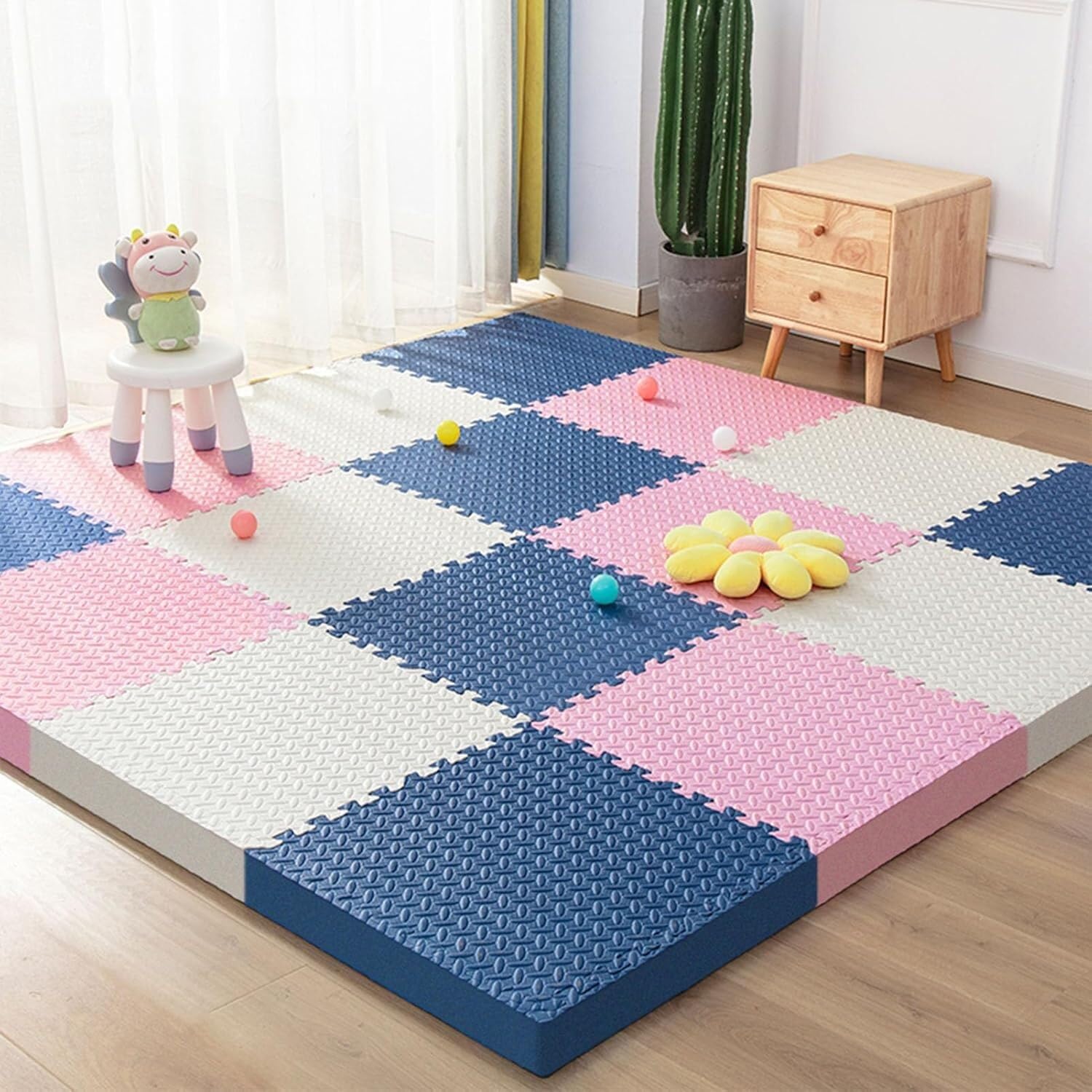 Baldosas de suelo entrelazadas de espuma de 60 cm en azul rosa y blanco