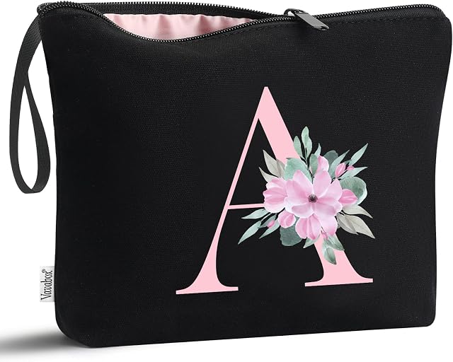 Vavabox A-Z Personalized Initial Makeup Bag, Birthday Gifts for Women Unique,Bride Bridesmaid Gift Cosmetic Bags(A)