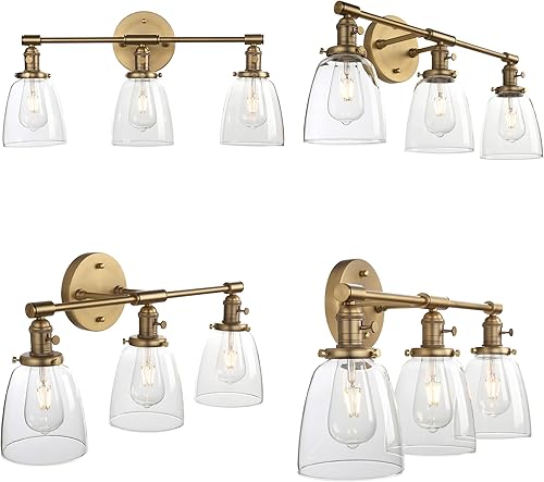 Miniatura 6 de Phansthy 3 apliques de pared de latón antiguo, lámpara de pared con interruptor de encendido y apagado y pantalla de vidrio transparente con forma