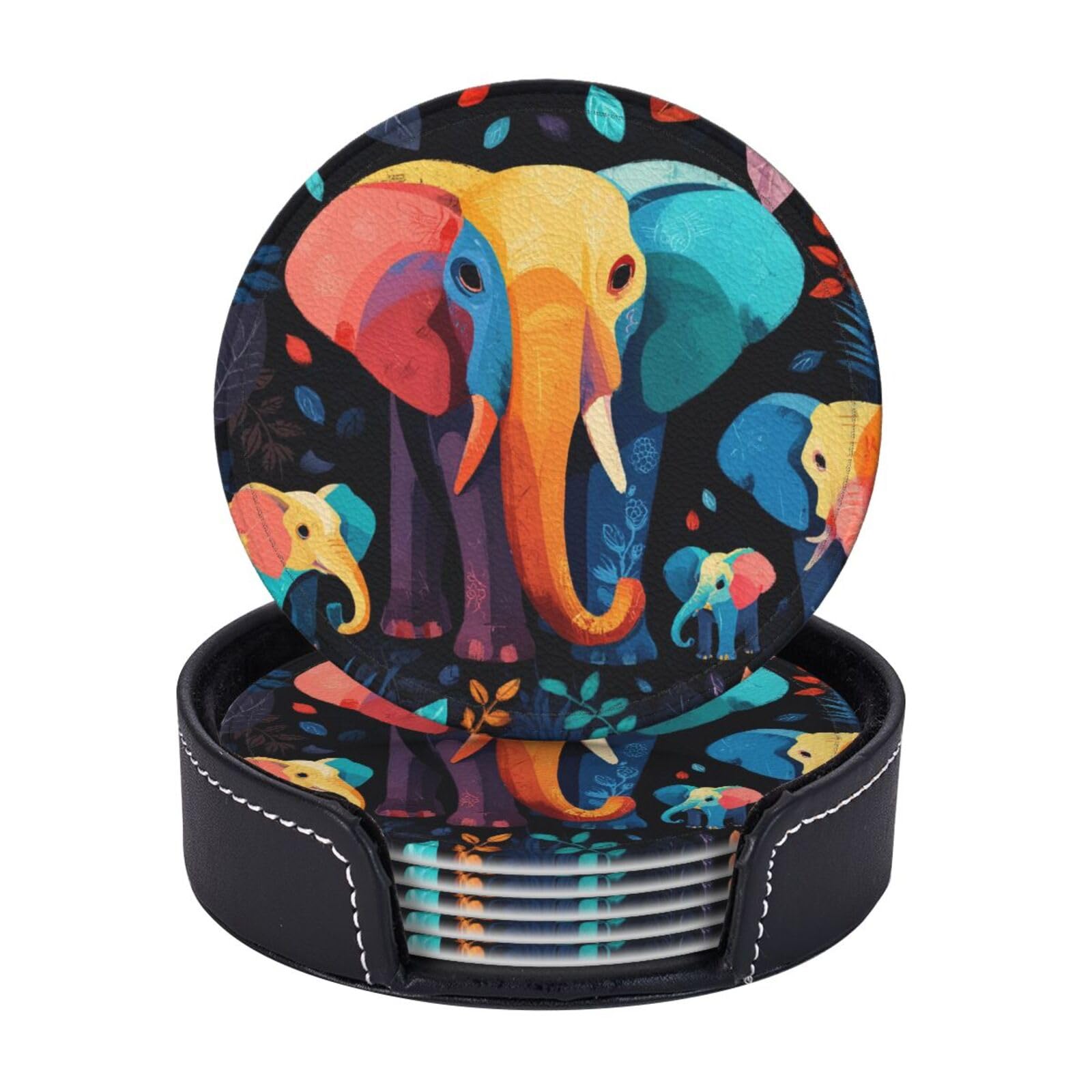 Xopekvlawm Women's Colorful Elephant And Leaf Drink Coasters 6Pcs Round Leather Coaster With Holder Coasters For Drinks Coffee Cup Mat Heat Resistant Coaster For Tabletop Protection Desk Accessories Office Home Decor