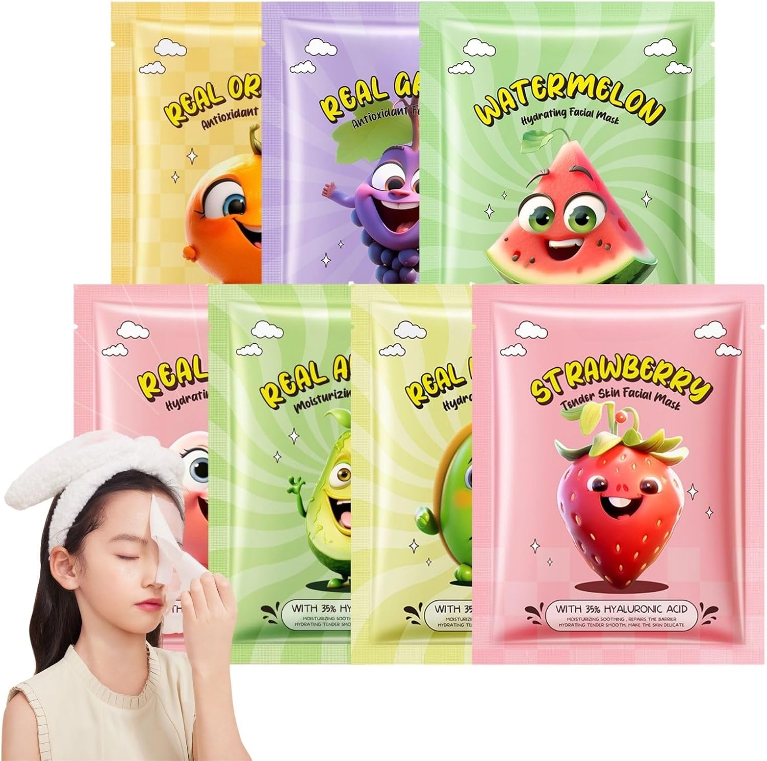 Kids Face Masks for Girls – 7PCS Fruit Hydrating Face Mask Set with Collagen Face Mask & Fruit Extracts – Gifts for Teenage Girls – Skincare for Kids – Teen Skincare – Women’s Pamper Set