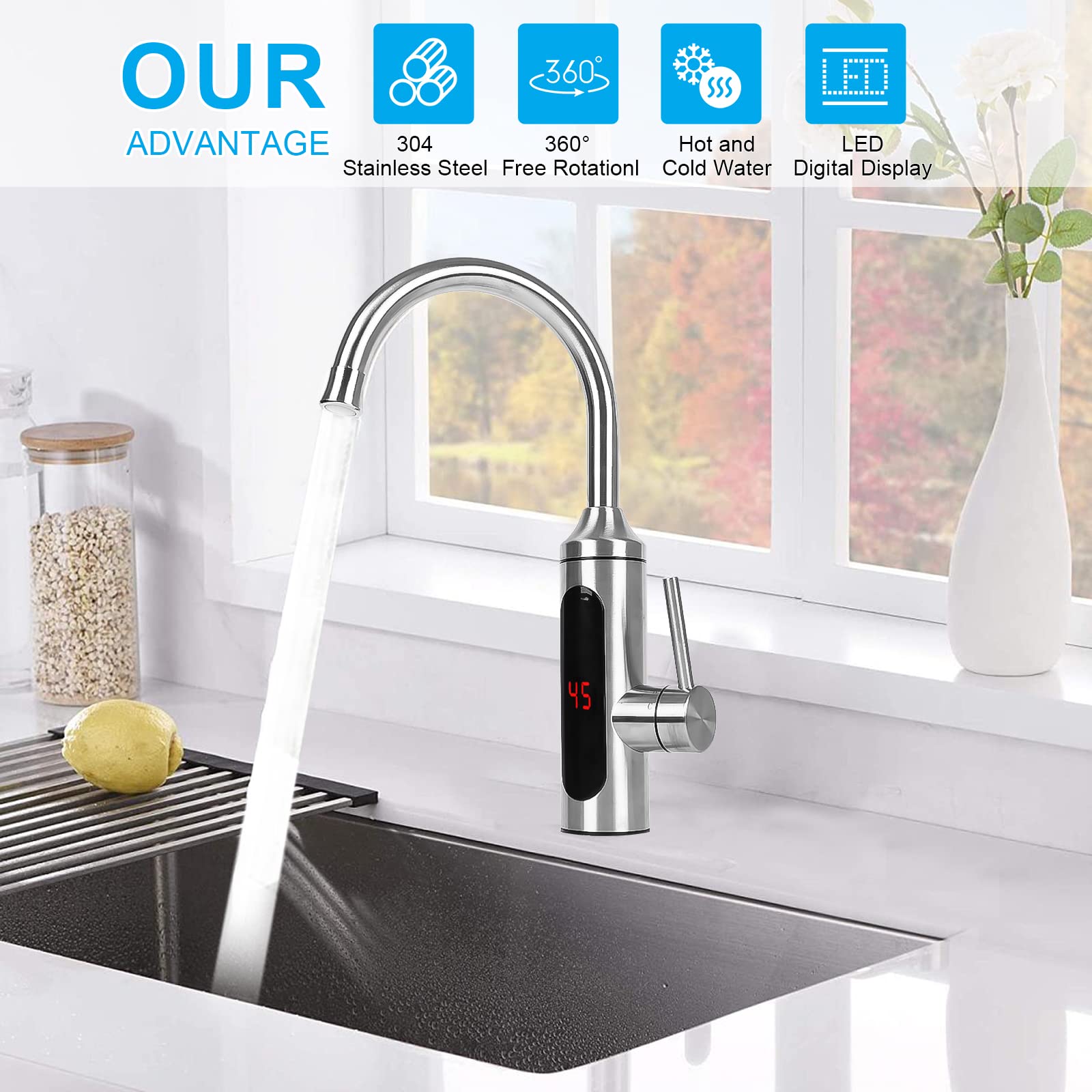Robinet électrique avec Chauffe-eau Instantané,CEIEVER Robinet de Cuisine 220 V 3000 W chauffe eau instantané electrique avec 360° Affichage de la Température LED,pour cuisine,salle de bain