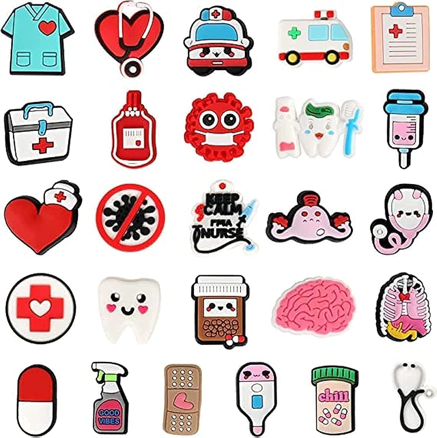 MINGSHIJX 26PCS Medical Nurse Themed Shoe Decoration Charms, Cute Stethoscope Syringe Pill Shoes Decoration Nursing Theme Pins for Shoe, PVC Clog Shoe Charms Shoe Pin for Nurse Womens