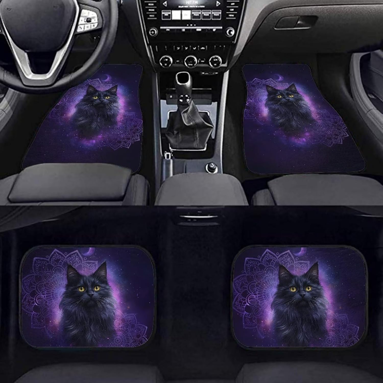 Purple Black Cat Car Floor Mats All Weather Anti Slip Driver Seat, Passenger Seat and Rear Floor Mats Easy Installation for Additional Protection for SUV, Vans,Truck