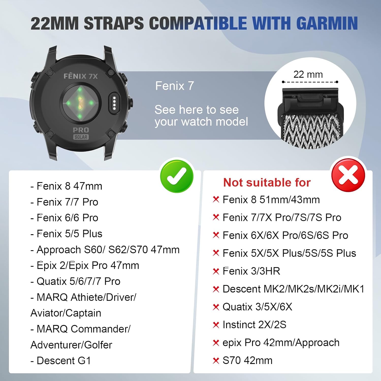 2 Pack Elastic 22mm Watch Quickfit Bands Compatible with Garmin Fenix E 47mm/Fenix 8 47mm/Fenix 7/7 Pro/Fenix 6/6 Pro/Fenix 5/5 Plus, Sport Nylon Replacement Strap - Image 3