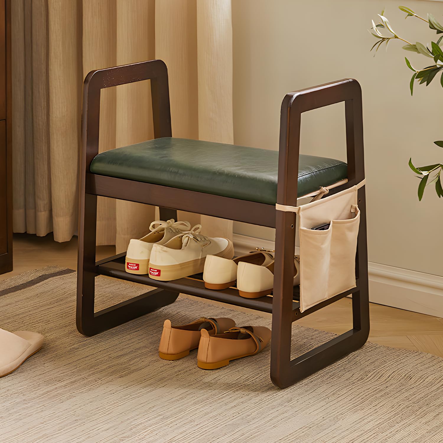 MSHGSKU Solid Wood Entryway Shoe Bench with Upholstered Cushion, Space-Saving Storage Solution for Hall, Living Room, Bedroom