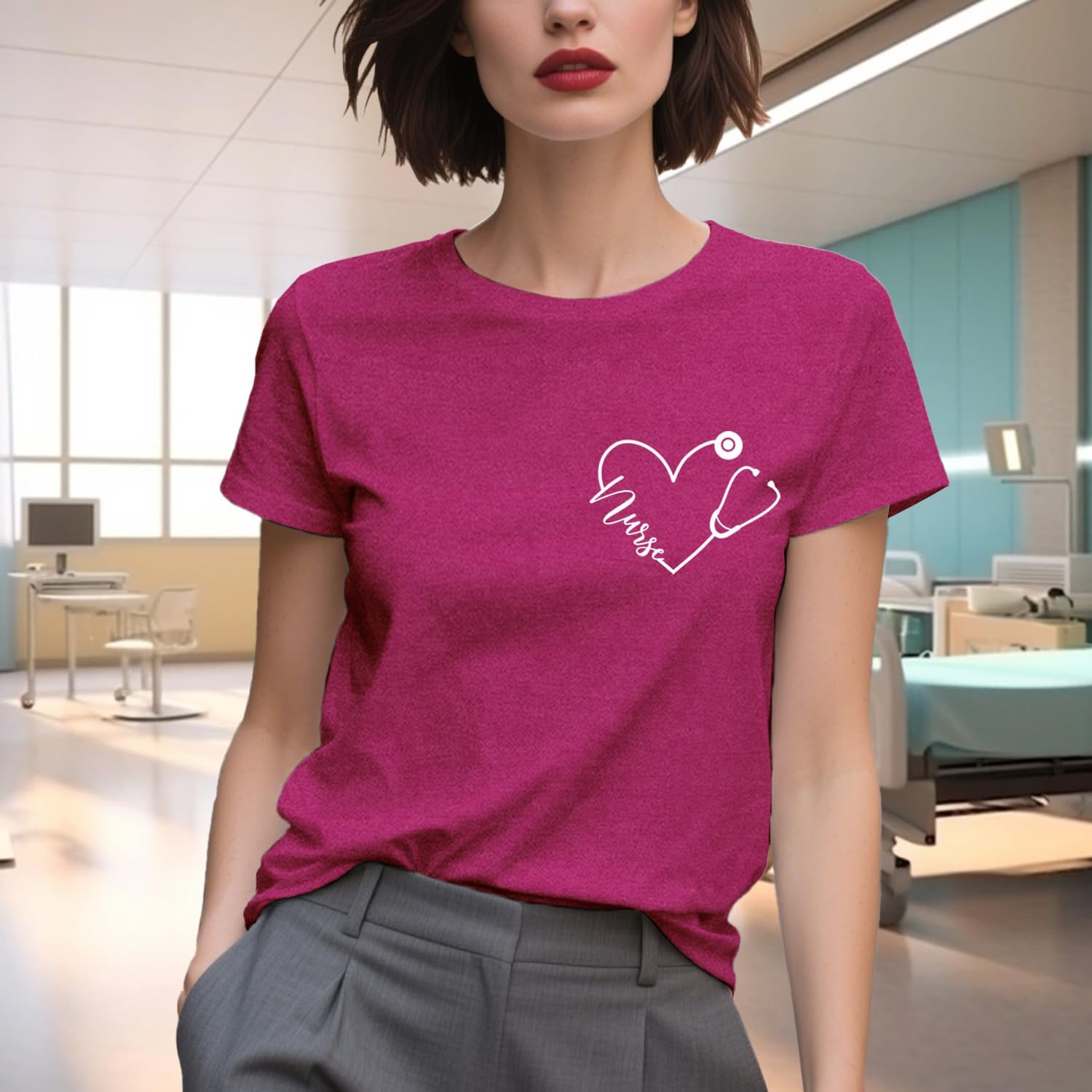 Nurse Shirts for Women Nurse Day T-Shirt Nursing Stethoscope Heart Tee Tops - Image 4