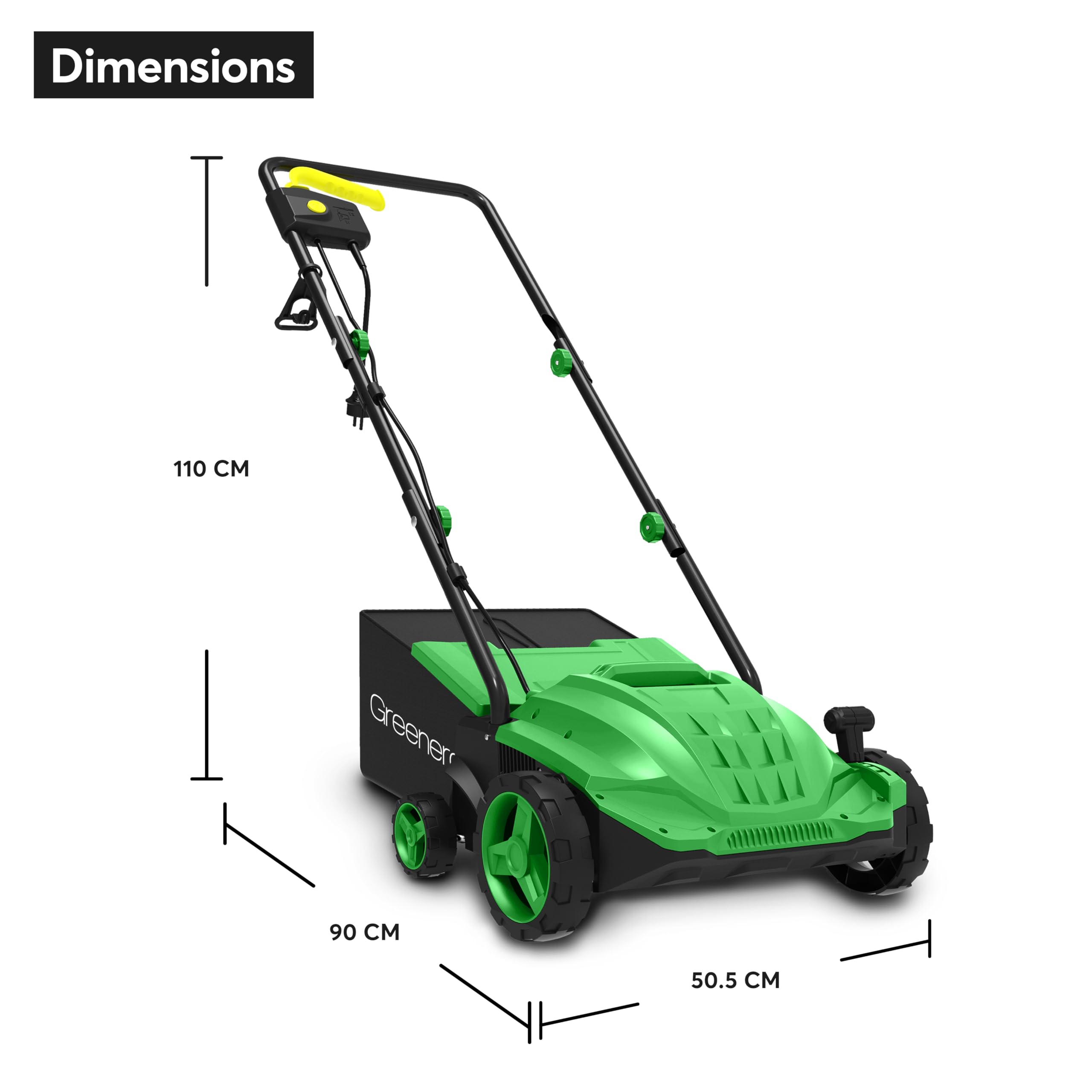 Aireador eléctrico de 1500 W, 1500 W, 1500 W, rastrillo de césped, caja de recogida de 32 cm, ancho de trabajo, 4 alturas de escarificación ajustables, 2 rodillos intercambiables, asas plegables, 10 m