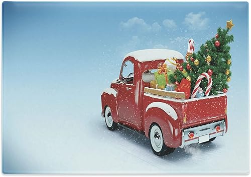 Miniatura 1 de Ambesonne Tabla de cortar de Navidad, camioneta clásica roja con regalos de árbol y adornos, imagen del día de invierno nevado, tabla decorativa de