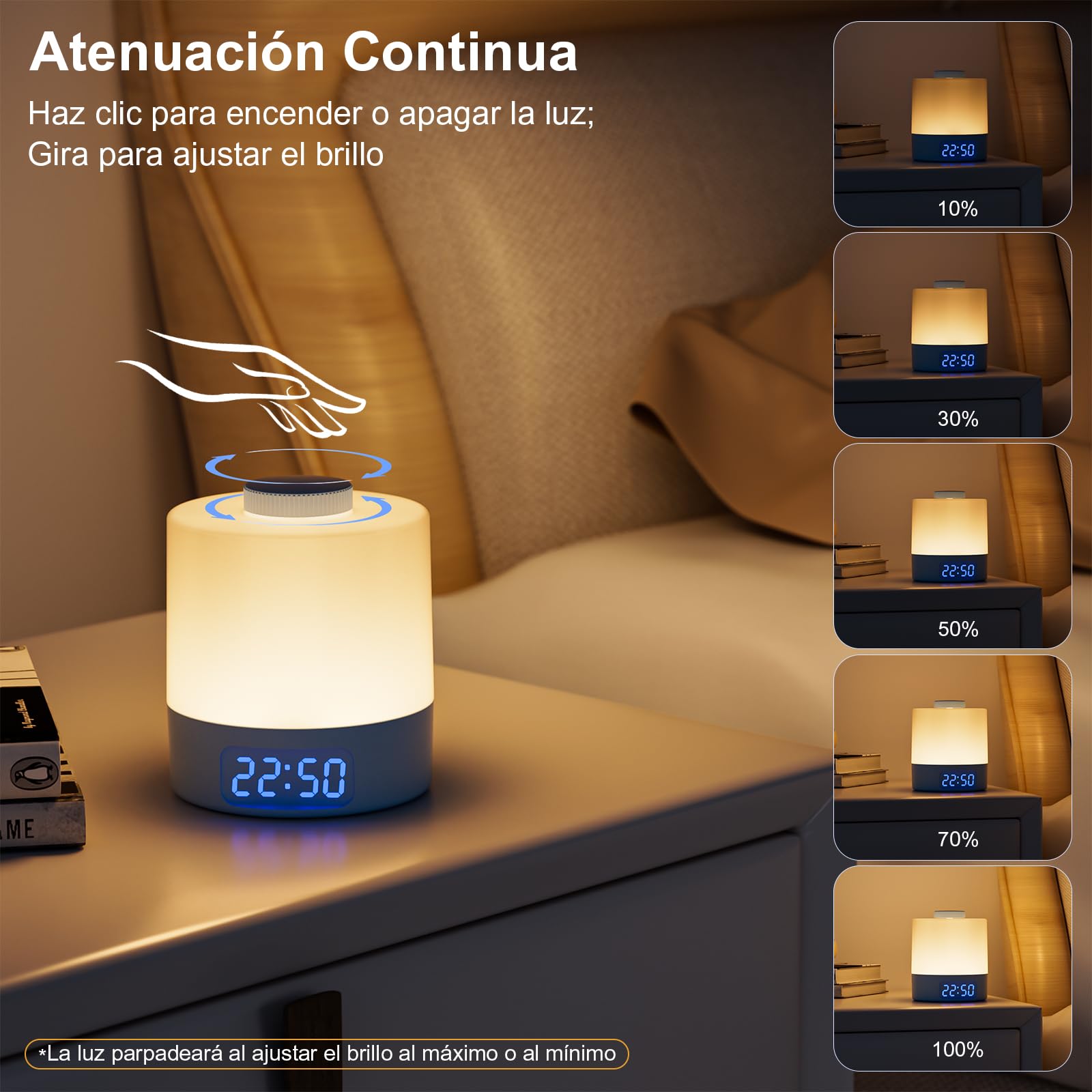 WOBANE Lámpara de Mesita de Noche sin Cable, Regulable Luz Nocturna Recargable USB con Reloj, 3600 mAh Lámpara de Bebé para Dormitorio, Mesa, Salón, Oficina, 3 Temperaturas de Color