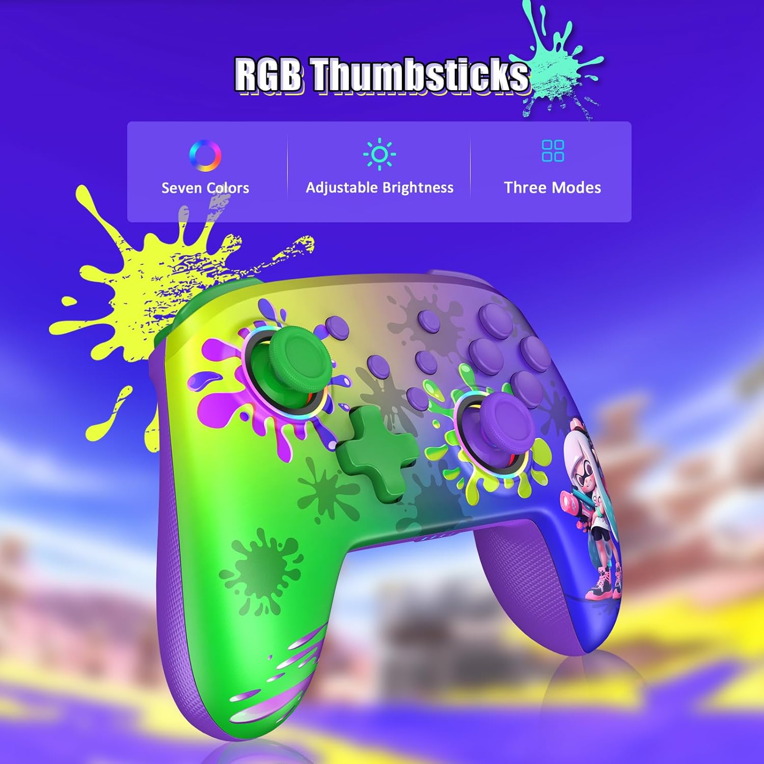 Image highlighting the RGB thumbsticks of the NexiGo controller, showing options for seven colors, adjustable brightness, and three modes.