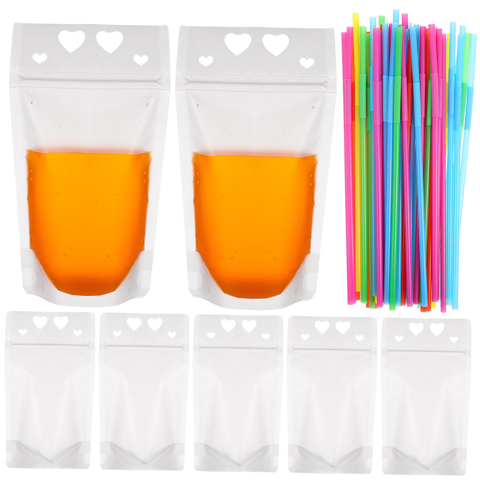 Food-Grade Drink Pouches Straws 50pcs Love Pattern Reclosable Zipper Translucent Heavy Duty