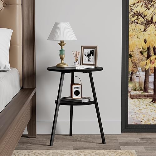 Miniatura 4 de INHABIT UNION Mesa auxiliar redonda de 2 niveles, mesa auxiliar pequeña negra para sala de estardormitorio, con almacenamiento de tablas de madera