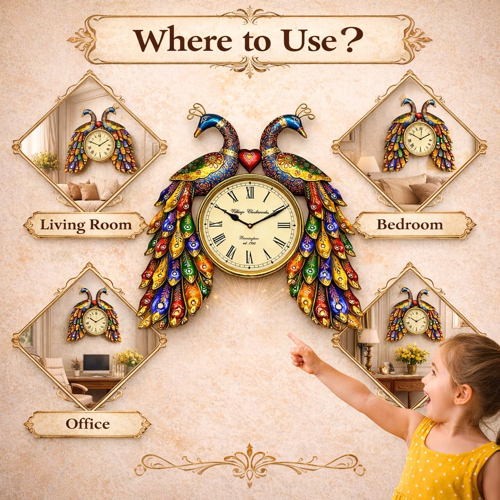 ROYAL CRAFTS Decorative Peacock Wall Clock Metal Handcrafted Dual Peacock Design Wall Hanging Clock for Living Room Bedroom Home Décor Multicolor 3