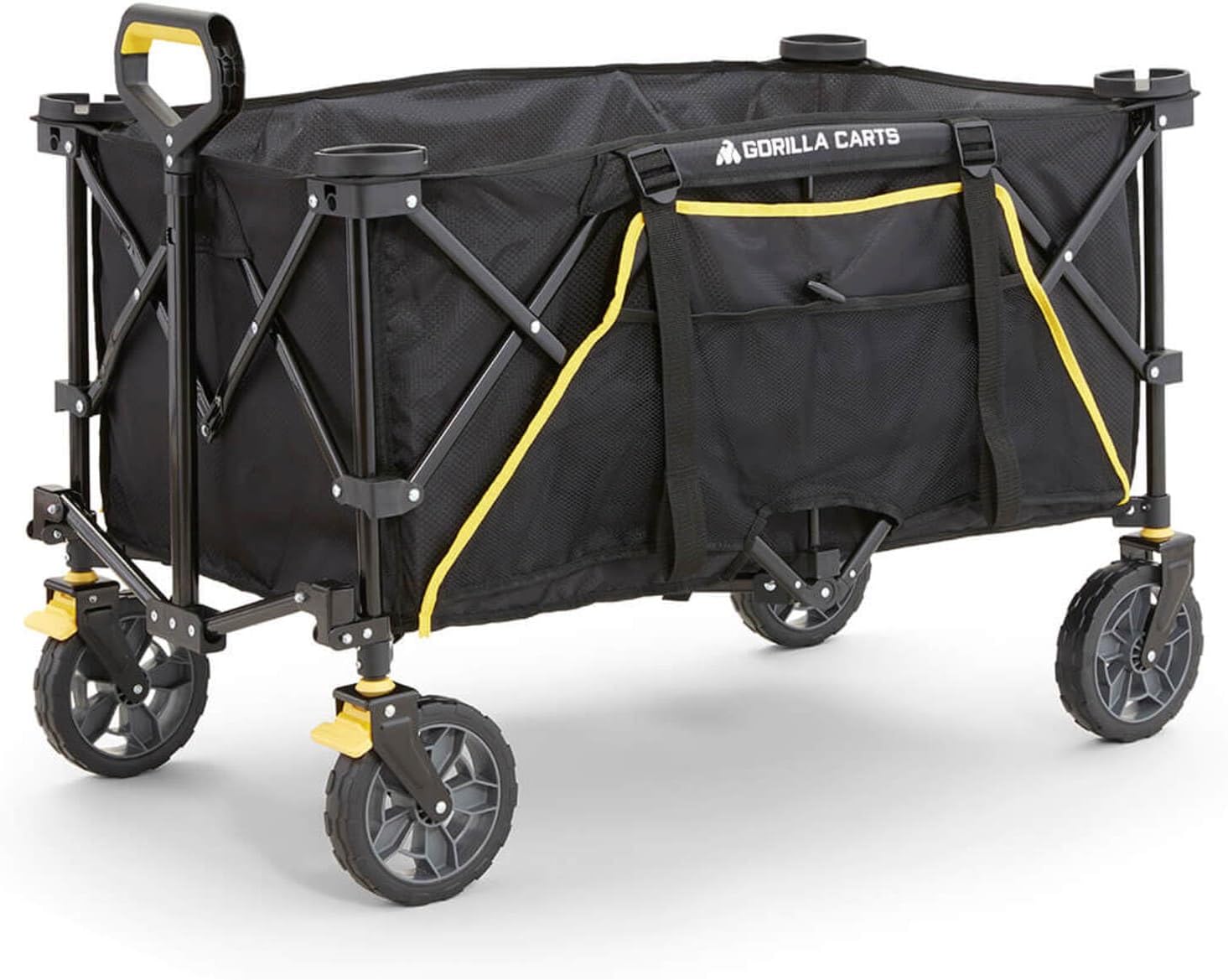 Gorilla Carts Collapsible Folding Outdoor Utility Wagon, 7 Cu Ft Oversized Bed, 150 lb Load Rating, Black – Foldable Rolling Cart w/ Pockets & Cup Holders for Beach, Camping, Sports or Picnic
