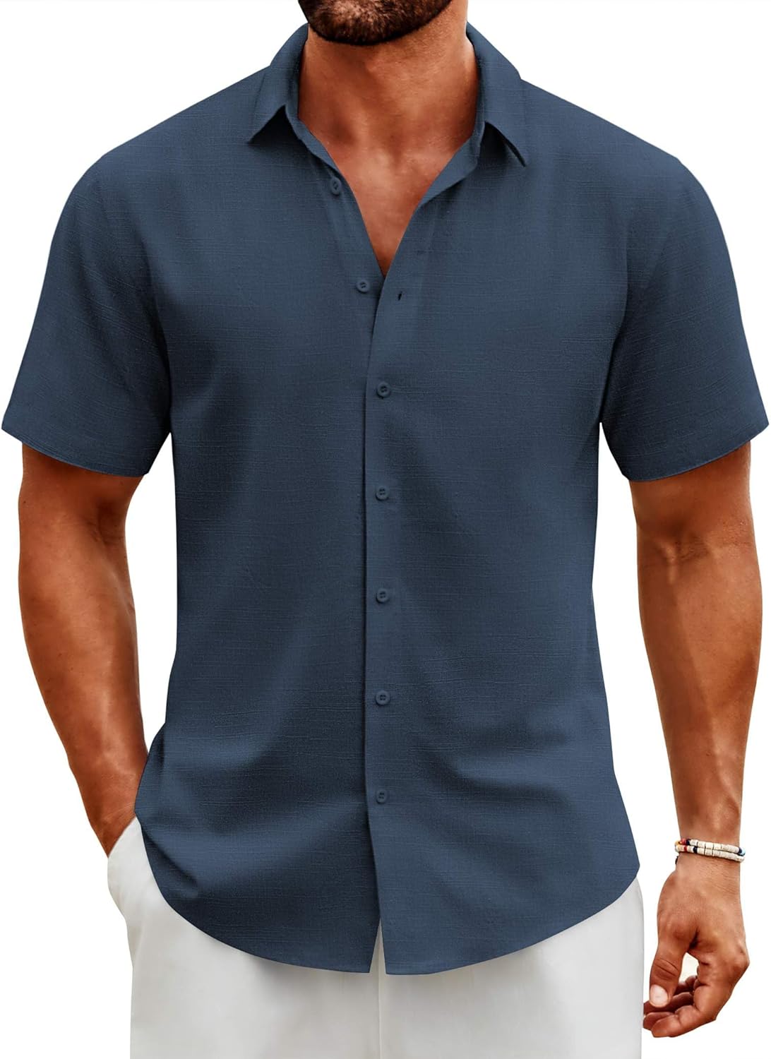 COOFANDY Men's Button Down Shirts Short Sleeve Casual Cotton Shirts Summer Beach Wedding Shirts Navy Blue Large