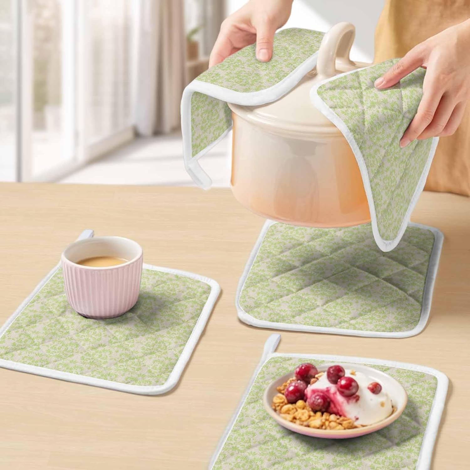 5 Pack Pot Holders for Kitchen, Green Boho Hot Pads for Kitchen Countertops Oven Pot Holder Bulk, Vintage Abstract European Floral Pattern Heat Insulation Potholders with Hanging Loops