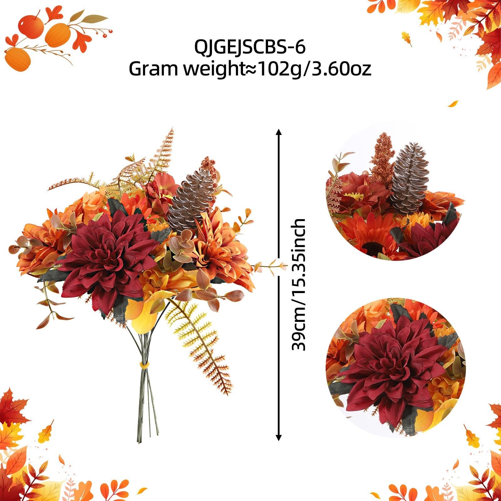Künstlicher Chrysanthemen Strauß Saison - Seidenblumen für deko mit Eukalyptus für Vase Tischdeko Wohnzimmer 42cm(E)